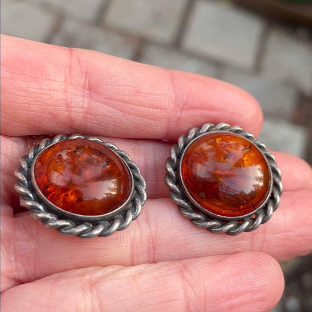Antique sterling silver and amber clip on earrings